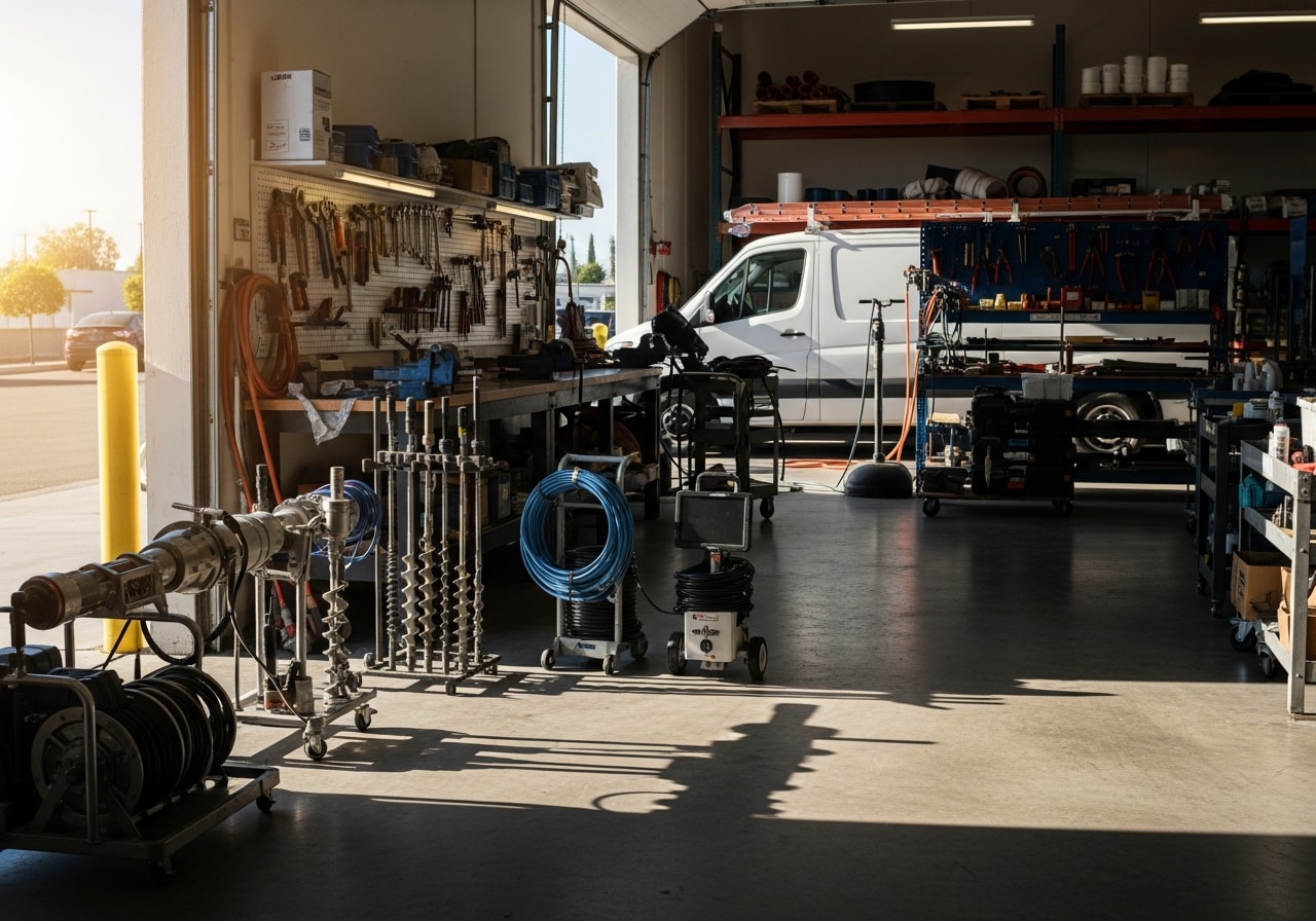 Plumbing crew with tools and equipment ready for service calls, representing professional drain and sewer expertise.