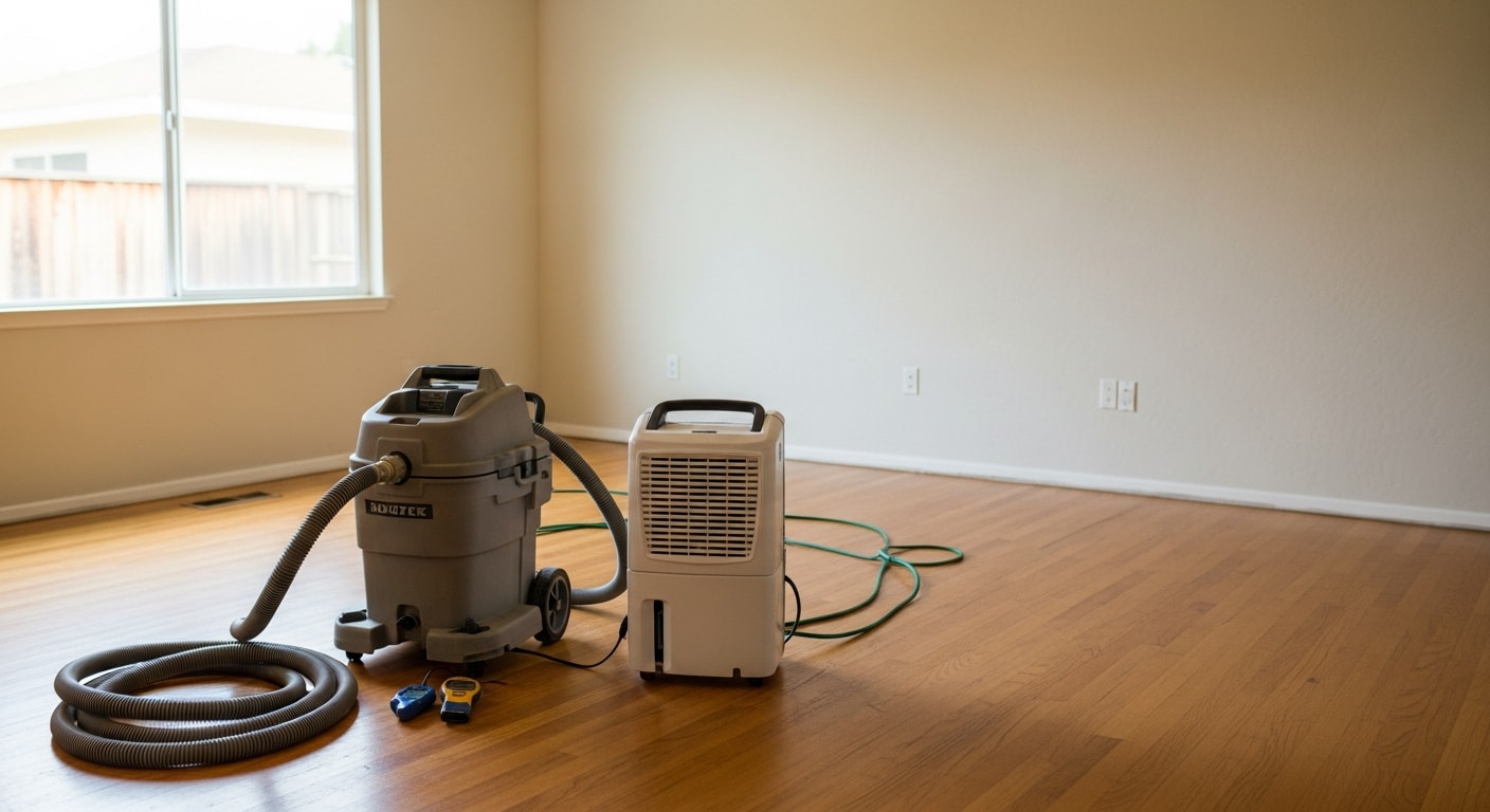 Water damage restoration technician assessing water damage in residential property