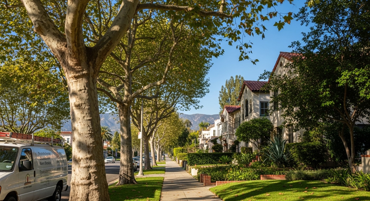 Glendale residential street with tree-lined sidewalk and mid-century homes under clear blue sky.