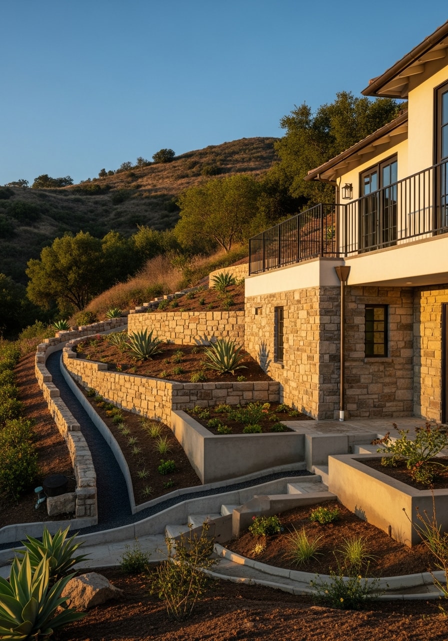 Foothills property exterior showing architectural detail and natural hillside setting.