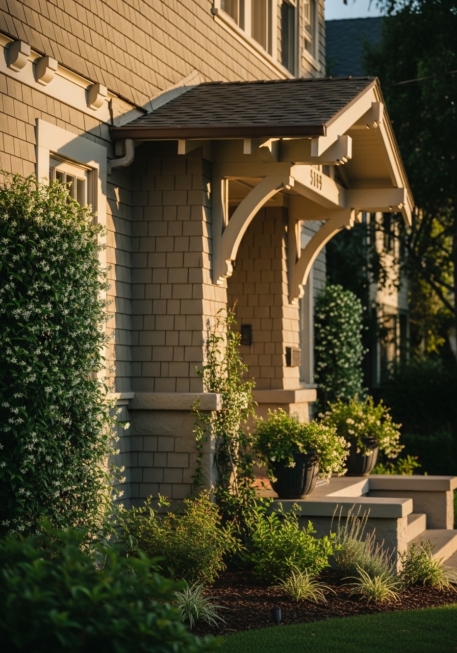 Detail of a Pasadena home's architectural features including period trim and landscaping.