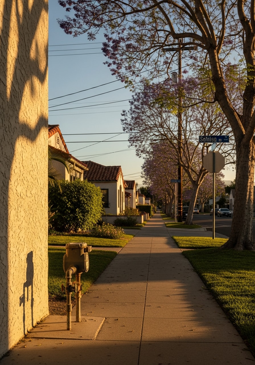 Valley neighborhood street with mix of architectural styles and mature landscaping.