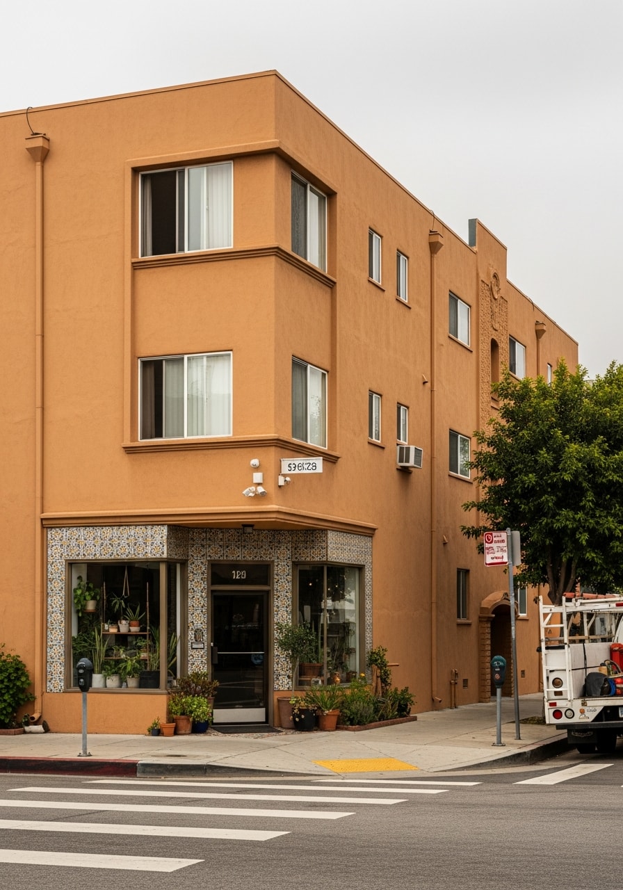 West Hollywood apartment building entrance with modern facade and street-level retail.