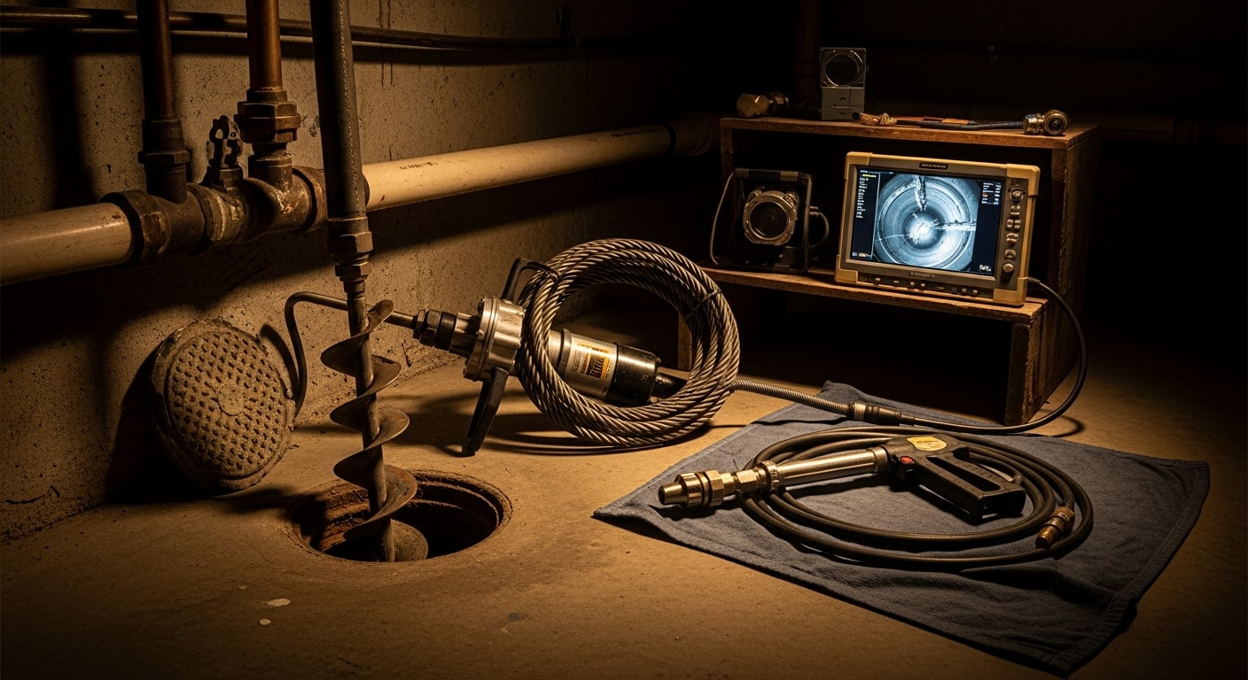 A licensed plumber from Premier 1 Plumbing INC using a drain snake to clear a blocked kitchen drain in a Glendale, California home. The image shows the plumber working at the drain access point with professional equipment on a residential property.