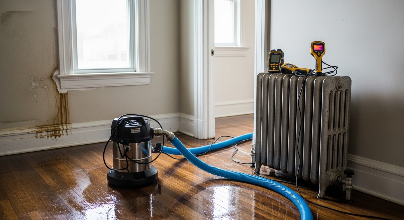 A water-damaged room in a Glendale, California home showing extracted standing water and industrial drying equipment placed on saturated flooring. A technician uses a moisture meter to check water levels in the wall near a burst pipe.