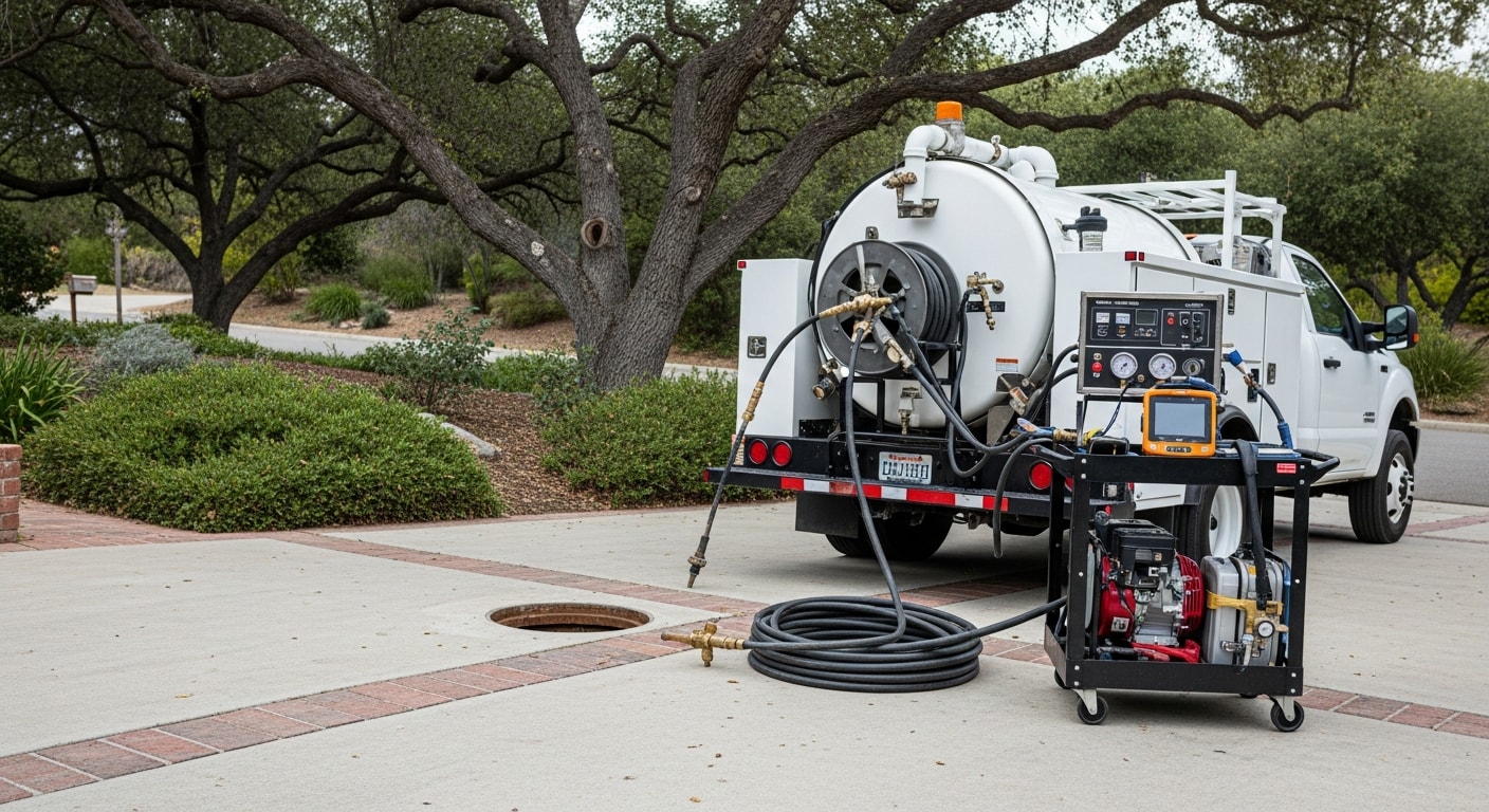 A Premier 1 Plumbing INC technician operating a hydro jetting hose inside a residential drain access point in Glendale, California. The pipe interior shows cleared walls after high-pressure water cleaning removed grease and scale buildup.