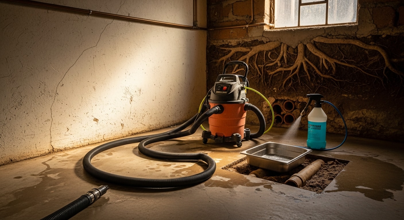A Premier 1 Plumbing INC technician performing sewer backup cleanup inside a Glendale, California home, with extraction equipment set up near a ground-level floor drain. The work area shows a cleared and sanitized utility space following sewage removal.