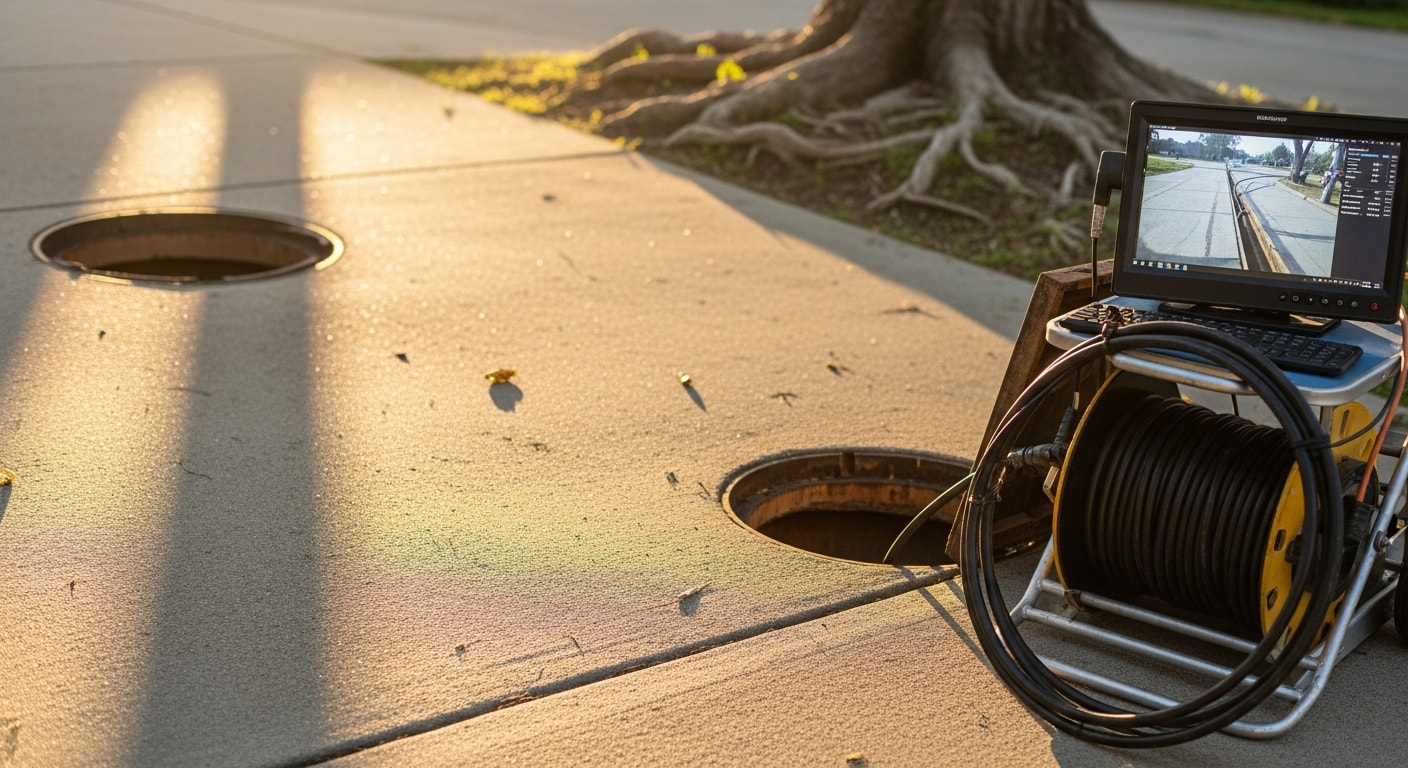 A plumber from Premier 1 Plumbing INC feeds a sewer camera cable into a cleanout access point at a Glendale, California residential property. The monitor above ground displays live footage showing the interior of an aging clay sewer pipe with visible root intrusion.
