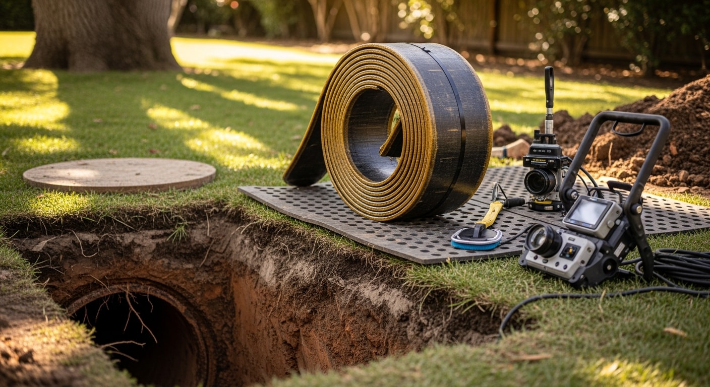 A sewer technician performing a camera inspection on an aging clay pipe at a residential property in Glendale, California, before sewer lining is applied. The image shows the pipe interior with visible cracking and root intrusion prior to the liner installation.