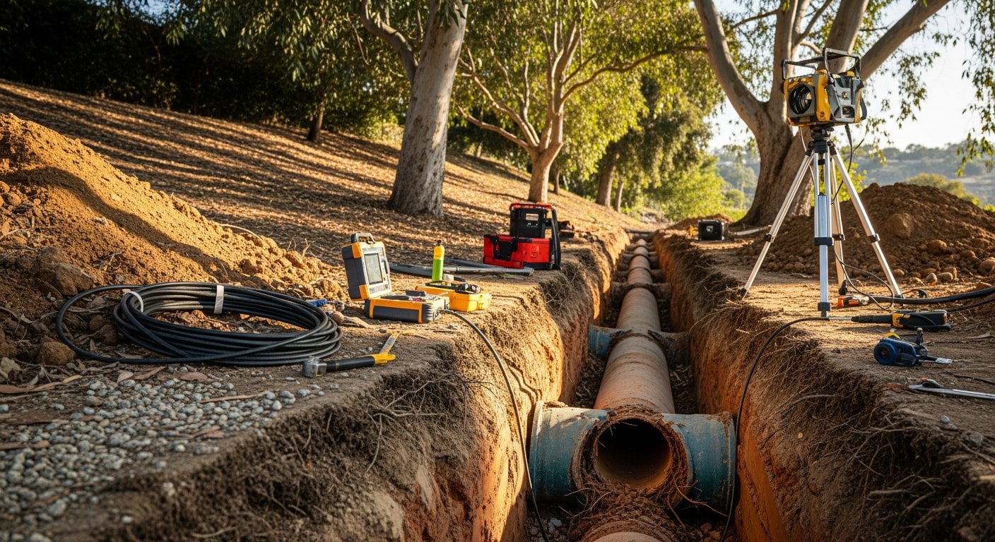 A sewer contractor in Glendale, California using a camera inspection system to assess a damaged underground sewer line at a residential property. The image shows the technician reviewing pipe condition footage on a monitor beside an access point in the yard.