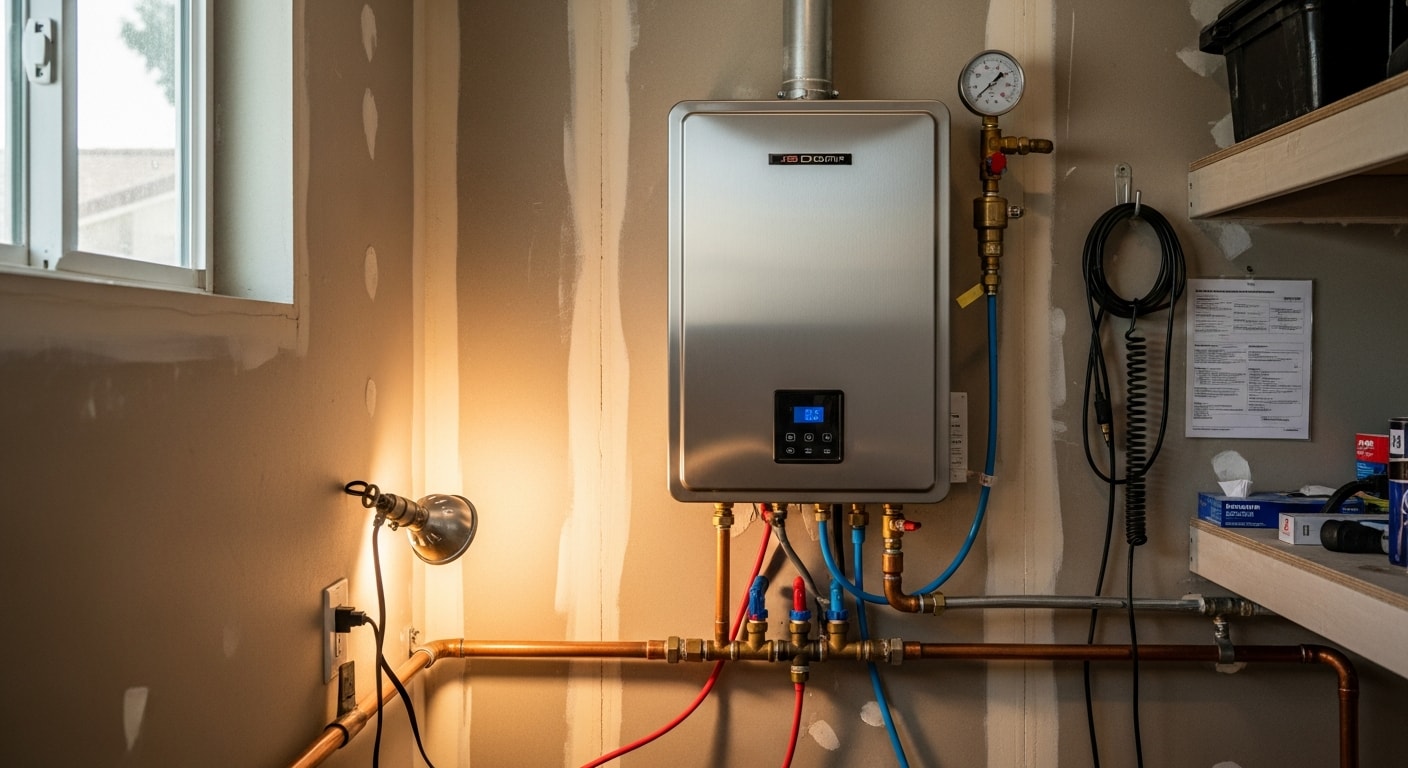 A wall-mounted tankless water heater installed in a Glendale, California home utility area, with copper supply lines and a venting pipe connected to the exterior wall. A licensed plumber from Premier 1 Plumbing INC inspects the completed installation.