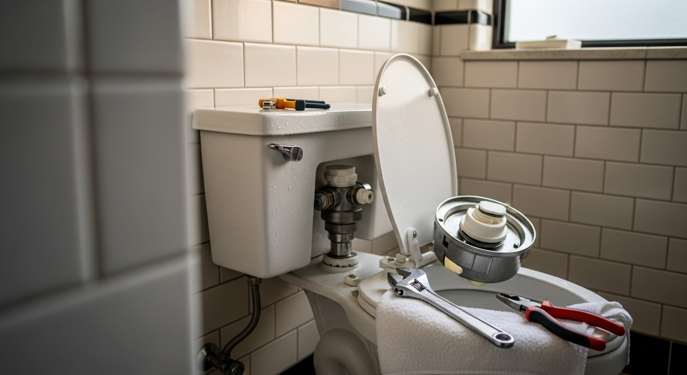 A licensed plumber repairing the internal tank components of a residential toilet in a Glendale, California bathroom. The repair addresses a faulty fill valve and worn flapper common in older Glendale homes.