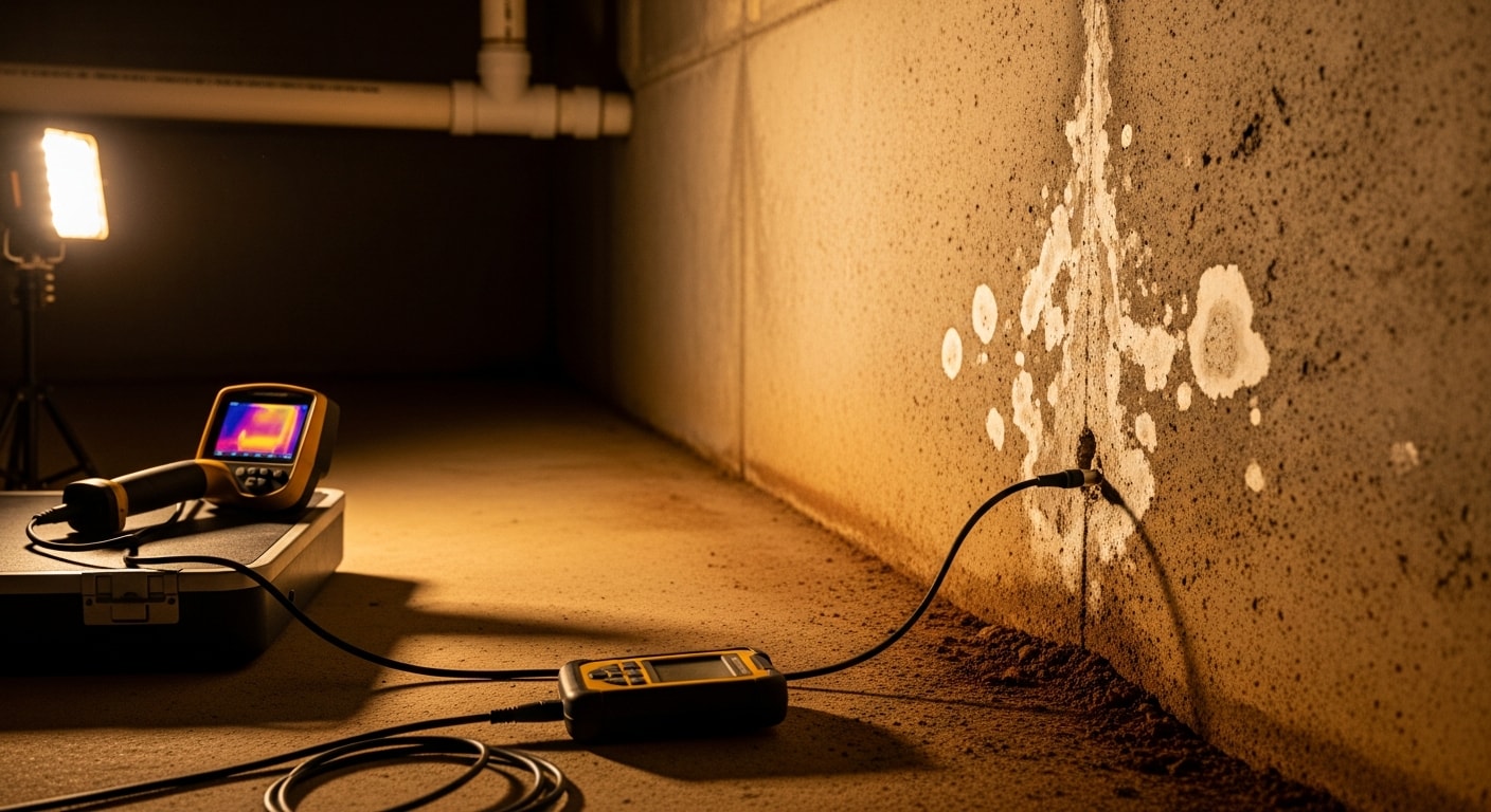 A Premier 1 Plumbing INC technician using non-invasive leak detection equipment on the concrete slab floor of a Glendale, California home. The image shows the plumber scanning near a damp floor section in a residential property with older construction.