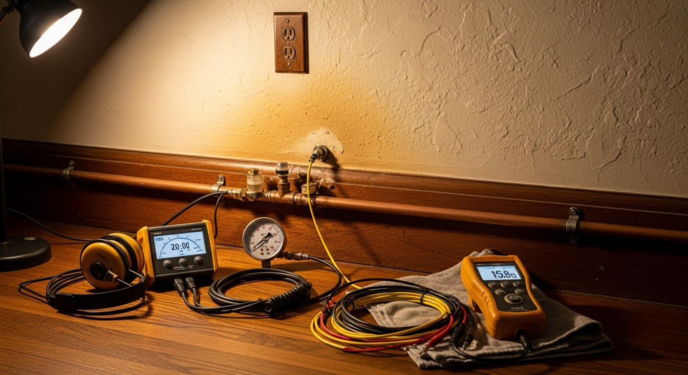 A Premier 1 Plumbing INC technician using acoustic leak detection equipment on the concrete floor of a Glendale, California home. The image shows the technician pressing a listening device against the slab surface to locate a hidden pipe leak beneath the foundation.