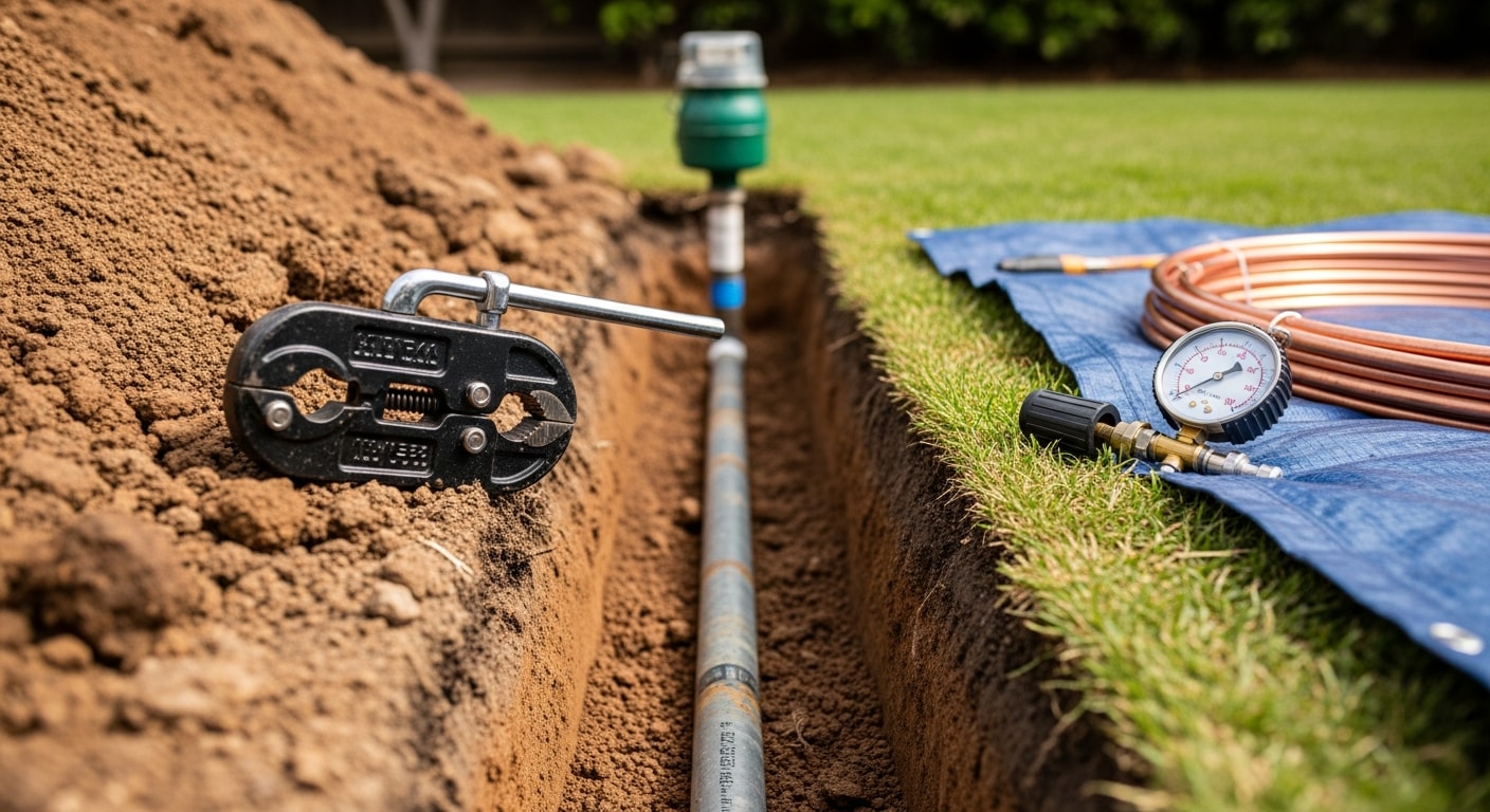 A plumber repairing an exposed underground water supply line in a residential yard in Glendale, California. The excavated trench shows a corroded galvanized pipe section being replaced alongside a Glendale hillside property.